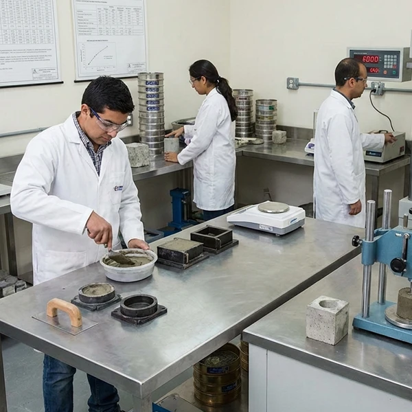 Standardized laboratory testing of cement materials using international methods.
