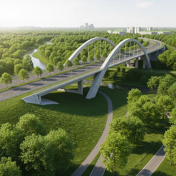 Concrete infrastructure integrated within green and urban landscapes.